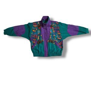 Vintage Bocoo Silk Track Suit Hot Air Balloon Print Teal Purple 80s 90s Small